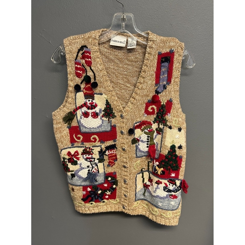 Vintage Fashion Bug‎ Christmas Vest Womens S Knit Snowman Winter Tree Sweater